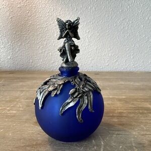 Vintage Fairy Frosted Blue Glass Perfume Bottle Pewter